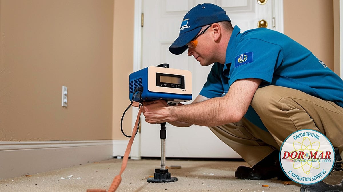 Dor-Mar Radon Testing technician checking readings on radon test equipment